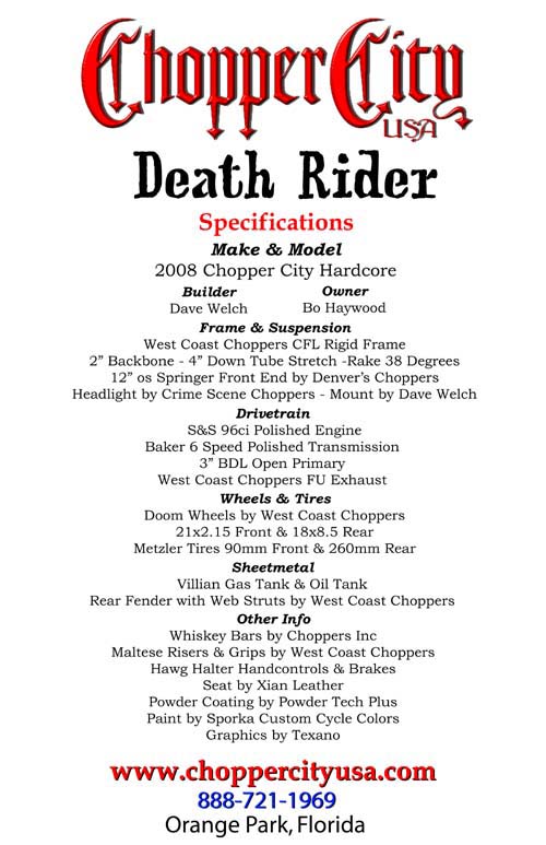 Bo's West Coast Death Rider Specifications
