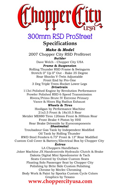 300mm RSD Softail by Chopper City USA Specifications